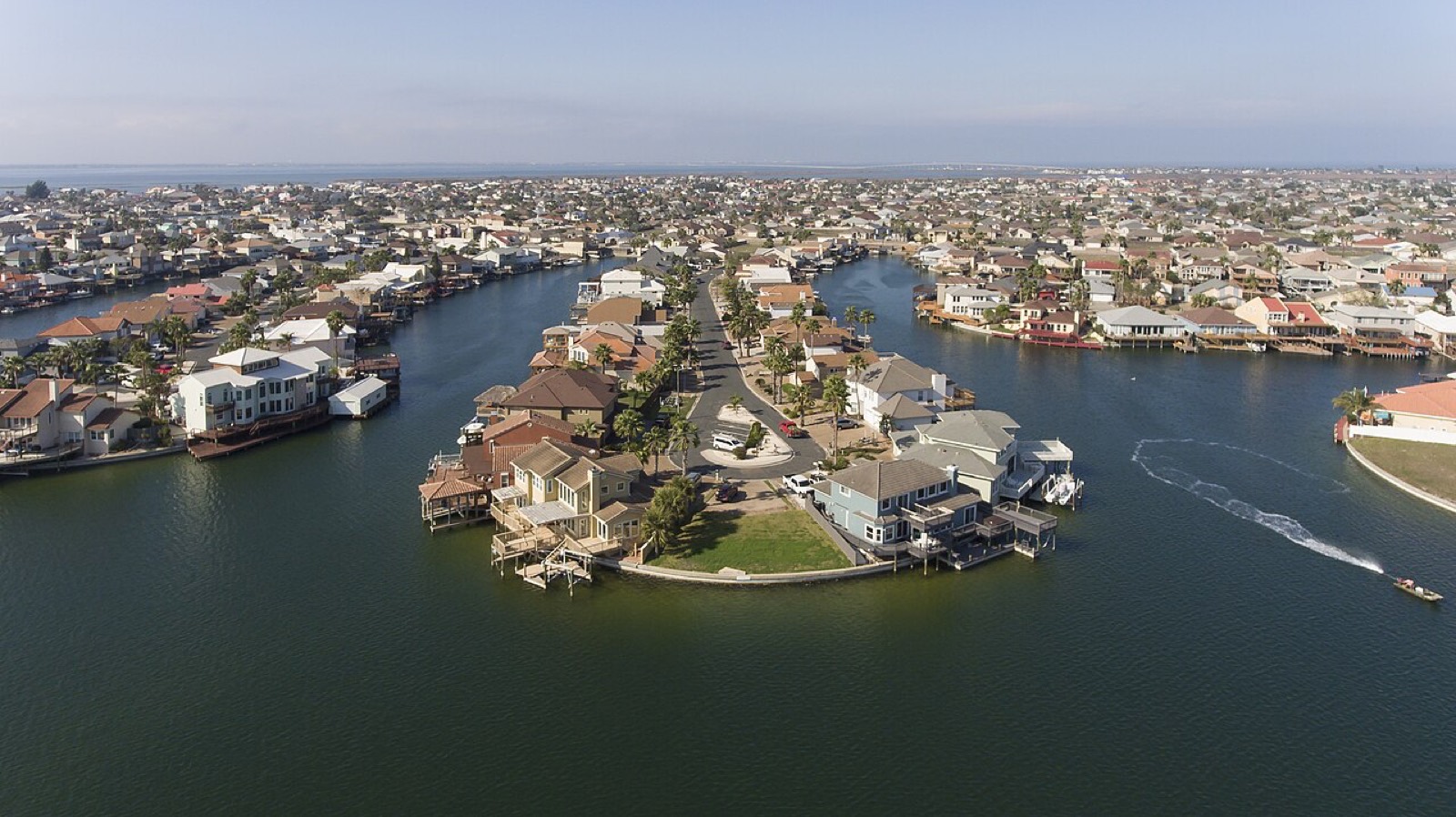 Aerial view of a residential waterfront neighbourhood